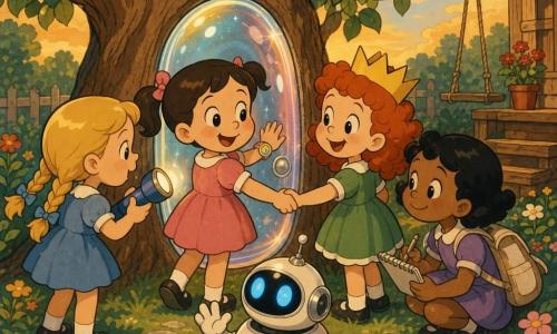 There are five characters: Mia, ~4, brown pigtails, wearing a round toy watch with big numbers, holding Lila’s hand and touching the rim of a small shimmering door set against an apple tree trunk; Zoe, ~4, blond braids, holding a blue plastic flashlight to the left of Mia and pointing it at the door; Lila, ~4, curly red hair with a paper crown, holding Mia’s hand and smiling at the door to Mia’s right; Nora, ~4, short black hair, beige backpack and notebook, crouched slightly behind the group ready to write; and Ticky, a small white chrome spherical toy robot with two blue glowing eyes and a red ribbon sticker reading TICKY, rolling in front of the door. Setting: a family garden under a large apple tree with green grass, a few flowers, a stone path, an old swing in the background and a wooden porch, warm late-afternoon light. Main scene: the four girls stand in a circle holding hands before a small semi-transparent shimmering door leaning on the tree trunk that pulses faintly; Ticky rolls in front inviting them to enter; joyful atmosphere, bright colors, soft rounded features.