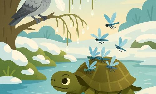 A brown-green turtle with light-ringed stripes, gentle focused eyes and a determined kind expression walks slowly along the edge of a frozen pond carrying several small blue-and-silver dragonflies on its shell; a pale gray pigeon (peregrine) with soft feathers and bright eyes perches on a low willow branch watching while holding a white feather in its beak; the tremulous but grateful dragonfly family cling to the turtle's shell and lift off in small bursts as the turtle reaches open ground; the winter pond has shiny ice cracked with fine silver lines, mossy banks dusted with snow, and a large willow with icicle-dotted drooping branches reflecting the soft morning light, the scene conveying a calm, patient rescue as the turtle advances under warm low light.