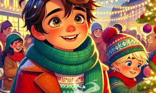 Um garoto de 10 anos, Miguel, com cabelos castanhos bagunçados e olhos brilhantes de curiosidade, está no centro da imagem, com um grande sorriso iluminando seu rosto. Ele veste um casaco vermelho vivo, um cachecol de lã verde e luvas combinando, segurando uma xícara de chocolate quente fumegante em suas mãos, com as bochechas levemente rosadas pelo frio. Ao lado dele, um garoto da mesma idade, João, com cabelos loiros e olhos azuis, está decorando uma grande árvore de Natal com guirlandas coloridas. Ele usa um gorro de Natal e um suéter com padrões festivos, exibindo uma expressão alegre e concentrada. O cenário é um mercado de Natal animado, cheio de barracas coloridas adornadas com luzes cintilantes, decorações festivas e flocos de neve caindo suavemente do céu estrelado. Famílias passeiam, rindo e aproveitando a atmosfera acolhedora. A situação principal mostra Miguel e João, unidos por sua amizade, decorando a árvore de Natal de um orfanato, cercados por outras crianças maravilhadas, criando uma atmosfera de alegria e compartilhamento, simbolizando o espírito do Natal.