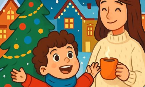 Um garoto de 8 anos, Tomás, com cabelos castanhos e cacheados, e olhos brilhantes de curiosidade, está em frente a um grande pinheiro de Natal, seu rosto radiante de alegria e deslumbramento. Ele usa um casaco vermelho vivo e um cachecol de lã azul, com as bochechas rosadas pelo frio. Ao seu lado, sua mãe, uma mulher de cerca de 35 anos, com cabelos longos e castanhos, sorri carinhosamente, vestindo um suéter de tricô creme e segurando uma xícara de chocolate quente. A cena ocorre em uma charmosa cidade pequena, onde as casas estão decoradas com luzes e flocos de neve caem suavemente do céu estrelado, cobrindo o chão com um manto branco cintilante. Tomás levanta os braços em saudação à neve que cai, seus olhos brilhando de felicidade, enquanto sua mãe o observa com orgulho, criando uma atmosfera calorosa e festiva, cheia da magia do Natal.