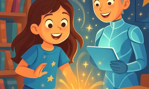 Una niña de 10 años, llamada Sofía, con largos cabellos castaños y ojos llenos de curiosidad, se encuentra en el centro de la escena. Lleva una camiseta azul con estrellas y unos jeans, mostrando una expresión de asombro y emoción. A su lado, la Directora Vega, una mujer de unos treinta años, vestida con un traje futurista brillante y con cabello corto y plateado, sonríe amablemente mientras sostiene una tableta luminosa. La escena se desarrolla en una habitación mágica para niños, llena de libros de cubiertas coloridas, carteles de estrellas y un escritorio de madera con lápices esparcidos. Luces centelleantes flotan a su alrededor, creando una atmósfera de cuento de hadas. Sofía acaba de descubrir una misteriosa caja plateada que la invita a convertirse en una Agente del Tiempo, y duda un momento antes de presionar el botón rojo, desencadenando una explosión de luz y energía a su alrededor.
