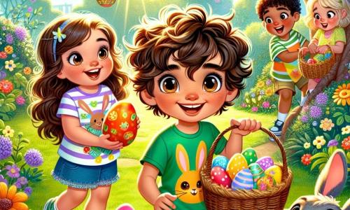 A 10-year-old boy named Oliver, with messy brown hair and sparkling eyes, is at the center of the image. He wears a colorful t-shirt with bunny patterns and denim shorts, holding a wicker basket filled with colorful Easter eggs, a big smile lighting up his face as he looks at his friends with excitement. Next to him, Daisy, a 10-year-old girl with big brown curls and a bright smile, holds a chocolate egg in her hands, her eyes shining with wonder. Max, a 9-year-old boy with messy blonde hair and a green t-shirt, is pointing at a tree where a red egg is hanging, looking determined and enthusiastic. The scene takes place in a sunny garden filled with colorful flowers and Easter decorations like paper garlands and floating balloons. In the background, a large oak tree provides shade, and a little bird sings on a branch. Oliver and his friends are on an egg hunt, laughing and running around the garden, searching for hidden eggs, while a little gray rabbit, Binky, curiously watches them from a corner of the image, adding a touch of magic to this joyful Easter adventure.