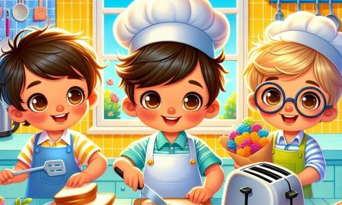 En una cocina colorida y soleada, tres niños están preparando un desayuno sorpresa. Miguel, un niño de cinco años con cabello castaño y ojos brillantes, lleva un delantal azul y un pequeño sombrero de chef. A su derecha, Pedro, también de cinco años y con cabello rubio, intenta alcanzar la tostadora con determinación. A la izquierda, Luis, con cabello negro y gafas redondas, sostiene un ramo de flores que acaba de recoger, sonriendo. La cocina es luminosa, con paredes amarillas y estanterías llenas de tarros de mermelada. Los niños preparan un desayuno sorpresa para sus mamás, con tostadas doradas y flores frescas, listos para despertarlas con alegría por el Día de la Madre.