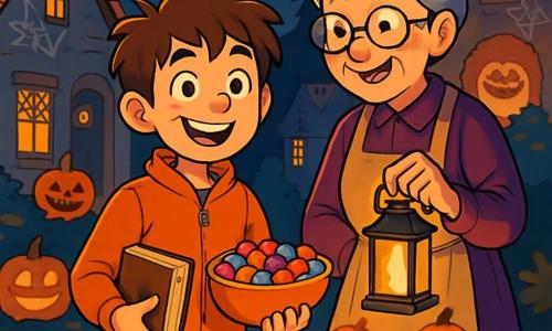 Een 12-jarig jongetje met tous haar en nieuwsgierige ogen staat in het midden van een Halloween-scène. Hij draagt een feloranje jas en een zwarte broek, zijn gezicht straalt met een brede en enthousiaste glimlach terwijl hij een oud boek in de ene hand en een kom snoep in de andere houdt. Naast hem staat een oude vrouw, waarschijnlijk in de zestig, met zilvergrijs haar in een knot en ronde brillen, die warm glimlacht. Ze draagt een paarse fluwelen jurk en een schort met pompoenpatroon, terwijl ze een kleine lantaarn vasthoudt die de scène verlicht. De achtergrond is een pittoresk dorp met stenen huizen met schuine daken, versierd met Halloween-decoraties: glinsterende spinnenwebben en lachende pompoenen op de veranda's. De sterrenhemel is helder, en een volle maan straalt boven hen, waardoor een zachte gloed op de met gekleurde bladeren bedekte grond valt. De hoofdscène toont het jongetje en de oude vrouw die samen lachen en verhalen delen, omringd door flikkerende lantaarns terwijl ze een verrassing voor de kinderen van het dorp voorbereiden.