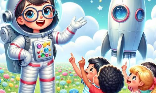 Astronautka Pani Ania, uśmiechnięta i entuzjastyczna, nosi duży hełm i białe skafandry kosmiczne z kolorowymi gwiazdami. Stoi przed swoją błyszczącą rakietą, gotowa do startu w kosmos, z oczami błyszczącymi z ekscytacji. Obok niej grupa trzech dzieci: 7-letni chłopiec z brązowymi włosami i okularami, który z zachwytem patrzy na rakietę; 6-letnia dziewczynka z blond, kręconymi włosami, która podnosi rękę, aby zadać pytanie; oraz 5-letni chłopiec w czerwonym t-shircie, który szeroko się uśmiecha, wskazując w niebo. Miejsce to rozległe, zielone pole usiane kolorowymi kwiatami, z błyszczącą, srebrną rakietą w tle, otoczoną puszystymi białymi chmurami. Główna scena pokazuje Panią Anię, która wyjaśnia dzieciom, jak przygotowuje się do podróży w kosmos, z radosnymi i żywymi gestami, podczas gdy dzieci słuchają jej uważnie, z oczami pełnymi ciekawości i podziwu.
