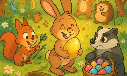 Pippo, un coniglio antropomorfo dal pelo nocciola e grandi orecchie morbide, sorride tenendo sul petto un grande uovo d'oro scintillante; a sinistra Nocciolina, una piccola scoiattolina rossa dalla coda folta, sistema frecce di foglie su un bastone; a destra Timo, un tasso robusto grigio e nero, porta una grande cesta di uova colorate con una piccola campanella alla zampa; altri animali formano un cerchio festoso sullo sfondo. La scena si svolge in una radura sotto mandorli in fiore, erba con margherite, nastri appesi ai rami e un sentiero di corteccia e ciottoli blu, con luce dorata mattutina e polvere d'oro che fluttua attorno all'uovo. Momento: celebrazione dopo la caccia alle uova, espressioni di gioia e cooperazione, decorazioni di petali e campanellini di ghianda. Stile grafico: colori vivaci, contorni netti, texture morbide, atmosfera calda e leggermente magica.