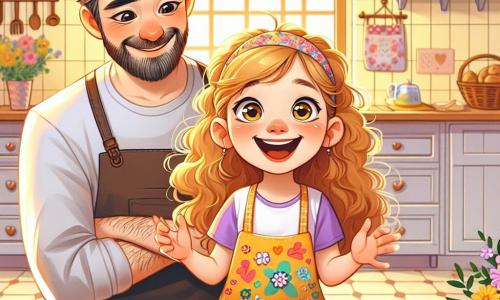 Una bambina di 9 anni, Sofia, con i capelli ricci e dorati e occhi scintillanti di gioia, è seduta a un tavolo di cucina in legno. Indossa un grembiule colorato decorato con disegni di fiori e cuori e sorride con entusiasmo, tenendo una lettera tra le mani. Accanto a lei, suo padre, un uomo sulla trentina con una barba morbida e un sorriso caloroso, è seduto su una sedia, gli occhi brillanti di emozione, pronto a leggere la lettera che sua figlia gli ha scritto. La cucina è luminosa e accogliente, con pareti dipinte di giallo pastello, finestre che lasciano entrare la luce del sole e un tavolo decorato con fiori colorati e biscotti appena sfornati. Sofia, impaziente ed eccitata, aspetta che suo padre scopra la sorpresa che ha preparato per la festa del papà, circondata da un profumo dolce di biscotti e da un'atmosfera di felicità familiare.