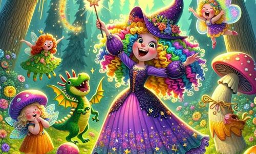 Al centro dell'immagine, una strega gioiosa di nome Biricchina, una giovane con capelli ricci e colorati, indossa un vestito viola decorato con stelle scintillanti. Sorride ampiamente, con gli occhi che brillano di malizia, mentre agita la sua bacchetta magica che emette scintille multicolori. A destra, il suo amico Draghetto, un piccolo drago verde con squame lucenti, batte le ali con entusiasmo, lanciando note musicali nell'aria. A sinistra, Luminosa, una fata luminosa con ali scintillanti e un vestito di petali di fiori, vola attorno a Biricchina lanciando glitter dorati. La scena si svolge in una foresta incantata, con alberi alti e maestosi e foglie che brillano sotto il sole al tramonto. Biricchina sta realizzando un incantesimo per far apparire un carosello di gelato nell'aria, mentre Draghetto e Luminosa la incoraggiano con risate e canti, riempiendo l'aria di gioia e magia.