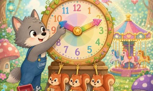 A young little wolf named Lenny, round-faced with soft whiskers, bright mischievous eyes and light gray fur with a white chest patch, smiling as he adjusts the large colorful hands of a rainbow clock with a small colorful toolbox at his feet; a tiny glittering fairy called Glimmer with iridescent translucent wings teasingly flutters above the clock leaving a trail of golden sparkle; three bouncing red squirrels with bushy tails stand lined at the clock’s base like pendulums, wagging their tails in rhythm to help him; the scene is an enchanted sunlit clearing with green grass dotted with singing bright flowers and pastel mushrooms, centered on a large round clock with painted numerals, a multicolored dial and thick gradient rainbow hands, joyful atmosphere, saturated colors, rounded shapes and soft textures, child-friendly composition.