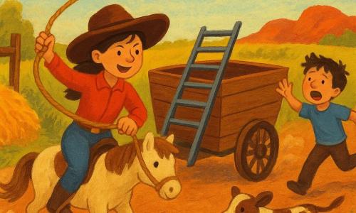 Lina, junges Mädchen mit großem braunem Hut und rotem Hemd, entschlossen und lächelnd, wirft energisch ein Lasso auf die Leiter eines schnell rollenden Holzwagens; ihr kleiner cremfarbener Pony Keks steht neben ihr, Ohren gespitzt, Hufe auf dem staubigen Boden, während Tom, etwa 10, mit zerzausten braunen Haaren, außer Atem aber erleichtert, ein paar Schritte rechts hinter dem Wagen herläuft und die Arme zu Lina hebt; ein weiß-braunes Kalb trottet nahe dem Heuhaufen, der Wagen ist leer, die Räder wirbeln Staub auf; Szenerie: ockerfarbene Erdstraße zwischen hohen grün-gelben Gräsern, warme kontrastreiche Farben, klare Bewegung und freundliche Ausdrücke, kindliche Gouache‑Anmutung mit weichen Konturen, Komposition auf Lassoaktion und wiedergewonnene Sicherheit zentriert.