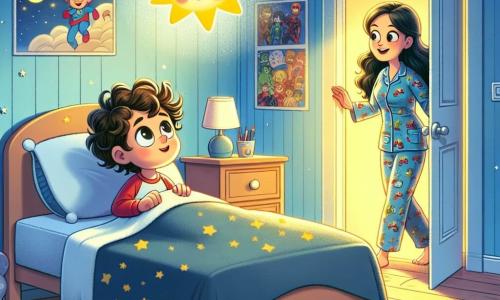 Un băiat de 6 ani, pe nume Andrei, cu părul brun și creț, ochi mari și curioși, stă întins în patul său. Are un zâmbet uimit pe față, în timp ce privește o stea mică și strălucitoare, Luna, care plutește deasupra lui. Luna este reprezentată ca o stea luminoasă cu o față prietenoasă, înconjurată de o strălucire aurie. În cameră, mama lui Andrei, o femeie de aproximativ treizeci de ani cu păr lung și castaniu, intră pentru a-i ura noapte bună. Poartă un pijama colorat și are o privire blândă, stând aproape de ușă, cu o lampă de noapte care iluminează scena. Camera lui Andrei este caldă și primitoare, cu pereți vopsiți în albastru deschis, postere cu supereroi și jucării împrăștiate pe podea. Un covor pufos este plasat în centru, iar o fereastră lasă să pătrundă lumina lunii, creând umbre dansante pe pereți. Situația principală îl arată pe Andrei, uimit și curios, descoperind că întunericul nu trebuie să fie temut, datorită noii sale prietene, Luna, care luminează camera cu magia ei.