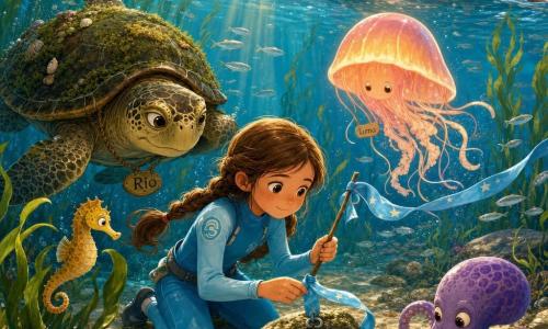 An 8-year-old girl with a round freckled face and two brown braids, calm and focused in a sky-blue wetsuit, ties a sky-blue starry ribbon with a small float to a holed rock to gauge the current while helping a small pufferfish retrieve a shell; her father, about 35 with light beard and a feathered hat, smiles reassuringly as he rows a small wooden skiff visible at the surface top right; to the girl's left swims Rio the sea turtle with a moss- and shell-covered shell and gentle eyes, a curious golden-spotted seahorse hovers by the kelp at her level, a playful purple-patterned octopus wraps a stone near the ribbon bottom right, and a Luma jellyfish with iridescent pink-orange bell glows behind her; the setting is a luminous underwater kelp garden with long waving green leaves, golden sunbeams, silver fish schools, smooth rocks and clear sand, saturated colors and high contrast centered on the girl and the ribbon.