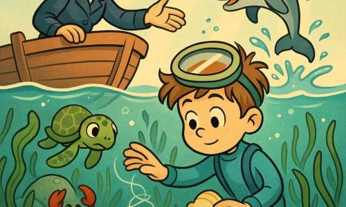 An 8-year-old calm, focused boy with a diving mask on his forehead and tousled light-brown hair, wearing a sky-blue wetsuit, delicately holds a shell tool and reaches to untangle a fishing line underwater; Captain Roa, a smiling reassuring woman of about 35 with dark hair under a wide mariner's beret, sits on the edge of a small wooden boat at the surface guiding him by hand; a playful silvery-gray dolphin surfaces nearby sending a small luminous spray; a serene green sea turtle floats near the boy among seagrass as a watchful observer; dark red crabs and a school of silvery fish animate the scene over a shallow rocky seabed with waving green seagrass, pale-blue plankton like lanterns and golden sunbeams through clear water; mood: patient, light-filled, saturated colors, soft outlines and rounded shapes in a retro cartoon style.