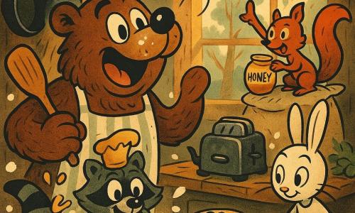 Bramble, a large brown bear in a striped apron with a joyful, awed expression and shiny round eyes, holding a big wooden spatula as a pancake flips through the air; Moss, a small gray-and-black raccoon, surprised and delighted with a golden pancake perched like a crown on his head, sitting by the pan and wiping syrup from a paw; Pip, a bright red squirrel perched on a sack of flour, focused and amused, holding a jar labeled HONEY and pointing at the scene; Juniper, a white rabbit with neat long ears and a subtle smile, arranging berries in perfect rows on a plate beside stacked pancakes; lively forest kitchen with a worn wooden countertop, gently swaying hanging pots, a vintage toaster and steaming teapot, warm light through a window showing trees; comical cooking chaos—an airborne pancake, a curve of flour dust, splatters of batter and syrup, joyful mood, warm contrasting colors and exaggerated rubber-hose style lines.