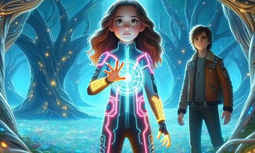 In the center of the image, a 12-year-old girl named Lyra stands with a determined expression on her face. She has long, slightly wavy brown hair and wears a bright, futuristic jumpsuit adorned with glowing circuits. Her eyes shine with excitement as she reaches out towards a colossal portal emitting a brilliant light, symbolizing the Nexus. Beside her, a 12-year-old boy named Orion has messy black hair and a curious look. He is dressed in a leather jacket and a graphic t-shirt, watching the portal with admiration, ready to assist her on this adventure. The setting is an enchanted forest, where majestic trees with silver trunks rise towards the sky, their leaves sparkling like stars. The ground is covered with luminescent flowers that emit a soft glow, creating a magical and mysterious atmosphere. The scene depicts the moment when Lyra and Orion prepare to step through the Nexus portal, symbolizing their courage and determination to discover the wonders of science fantasy that await them.