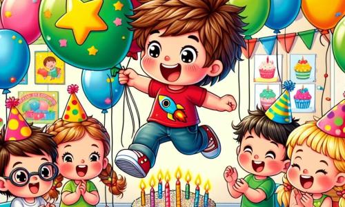 A 4-year-old boy named Tommy, with messy brown hair and sparkling eyes, is wearing a red t-shirt with a large rocket design. He is jumping with joy, a big smile on his face, surrounded by colorful balloons. Next to him is Lily, a 4-year-old girl with braided blonde hair in a polka dot pink dress, holding a star-shaped balloon and laughing happily. Ben, another 4-year-old boy with round glasses and brown hair, is wearing a green t-shirt and clapping enthusiastically. The scene takes place in a classroom decorated with colorful garlands and birthday drawings on the walls. A large table is filled with cupcakes decorated with sprinkles and a huge cupcake-shaped cake in the center. Tommy, surrounded by his friends, is blowing out the candles on his birthday cake while everyone joyfully sings "Happy Birthday." The atmosphere is filled with laughter, bright colors, and a festive vibe.