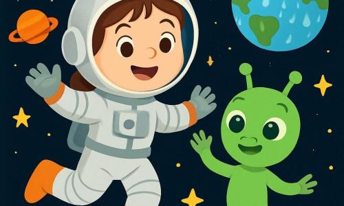 O femeie astronaută, Ana, cu părul brunet și ochii strălucitori, zâmbește vesel în costumul ei spațial argintiu. Ea plutește în spațiu, înconjurată de stele sclipitoare și planete colorate. Lângă ea, un mic extraterestru verde, cu ochi mari și rotunzi și un zâmbet prietenos, ridică mâna pentru a saluta. Locul este un vast spațiu negru presărat cu stele strălucitoare, având în fundal o planetă albastră și umedă, unde picăturile de ploaie sclipesc sub lumina stelelor. Situația principală o arată pe Ana și extraterestrul dansând vesel împreună, sărbătorind noua lor prietenie sub un cer înstelat.