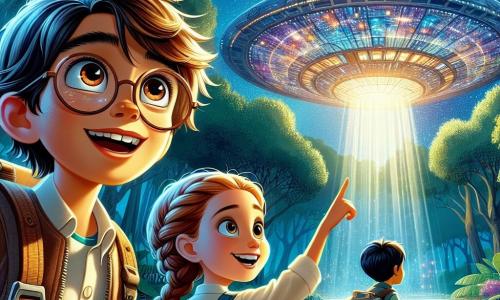Um garoto de 12 anos, Miguel, com cabelos castanhos bagunçados e olhos brilhantes de curiosidade, está diante de uma magnífica nave espacial. Seu rosto expressa maravilha e empolgação, enquanto aponta para a luz brilhante que emana da porta aberta da nave. Ao lado dele, Ana, uma menina de 11 anos com cabelos loiros trançados e óculos redondos, observa a nave com um sorriso deslumbrado, segurando um pequeno caderno nas mãos, pronta para anotar essa incrível descoberta. Lucas, um garoto de 12 anos com cabelos negros e olhos travessos, está um pouco afastado, rindo e fazendo uma piada, acrescentando leveza à cena. O local é uma clareira verdejante, cercada por árvores majestosas com folhas cintilantes sob a luz das estrelas. A nave, com cores vibrantes e formas futuristas, brilha sob a luz da lua, criando uma atmosfera mágica e misteriosa. A cena principal mostra Miguel, Ana e Lucas, maravilhados, descobrindo a nave extraterrestre que acabou de pousar, prontos para viver uma aventura incrível no espaço.