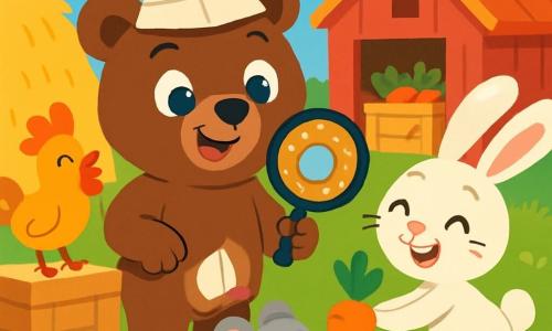 Un orso di nome Birillo, con un morbido pelo marrone e occhi pieni di curiosità, si trova al centro dell'immagine, sorridendo con un'espressione birichina. Indossa un piccolo cappello da detective di carta e tiene una lente d'ingrandimento a forma di ciambella. Accanto a lui, la coniglietta Lilla, con il suo pelo bianco splendente e grandi orecchie, salta allegramente tenendo una carota tra le zampe anteriori. Un piccolo gallo Gigi, con piume dorate e un becco rosso vivo, si trova su una cassa di legno, cantando con entusiasmo. La scena si svolge in una colorata fattoria, con fieno dorato, fiori vivaci e un cielo blu punteggiato di nuvole soffici. Sullo sfondo, si intravede un vecchio fienile, dove le verdure sono accuratamente sistemate. L'orso Birillo e i suoi amici scoprono con sorpresa il piccolo topolino Tino, intento a rosicchiare la carota, con briciole arancioni sul muso. L'atmosfera è gioiosa e piena di risate, catturando lo spirito di un'avventura divertente tra amici.