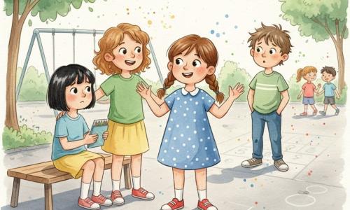An 8-year-old girl, Lila, round face with light freckles, brown hair in pigtails, determined warm gaze, standing center with arms slightly raised, wearing a blue polka-dot dress and red sneakers; beside her, 8-year-old Mia, light brown curly hair and an encouraging smile, hand on Lila’s shoulder in support, wearing a green t-shirt and yellow skirt; seated nearby on a low bench, 8-year-old Sarah, straight black bob, shy relieved expression, holding a box of crayons and looking at them; a 9-year-old boy, Cody, messy hair and a surprised slightly ashamed face, stands back with hands in pockets near three blurred children walking away; sunny schoolyard with textured concrete, chalk game markings, a small wooden bench, blurred swings and green trees, soft shadows and watercolor paint splashes; scene centers on Lila defending Sarah—an act of courage, solidarity, and calm, with soft colors and warm contrast highlighting hope and kindness.