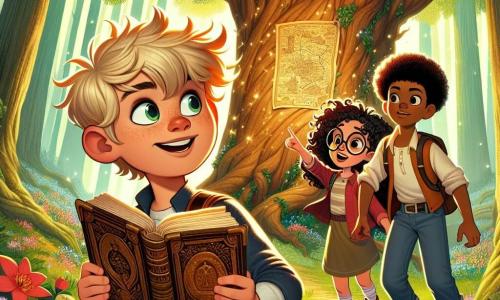 Finn, een jonge jongen met tousled blond haar en nieuwsgierige ogen, staat voor een enorme oude eik met een oud boek in zijn hand en een opgetogen glimlach op zijn gezicht. Naast hem kijkt Jasmijn, een meisje met krullend bruin haar en ronde bril, geconcentreerd naar de kaart, terwijl Max, een stevige jongen met kastanjebruin haar, met een vastberaden blik naar het pad wijst. De locatie is een betoverd bos, waar zonnestralen door de groene bladeren schijnen en kleurrijke bloemen het pad omringen. De scène heeft een magische sfeer, vol mysterie en avontuur. Finn en zijn vrienden ontdekken een oude kaart die hen naar een legendarische schat zou kunnen leiden, omringd door de schoonheid van de natuur en de opwinding van het onbekende.