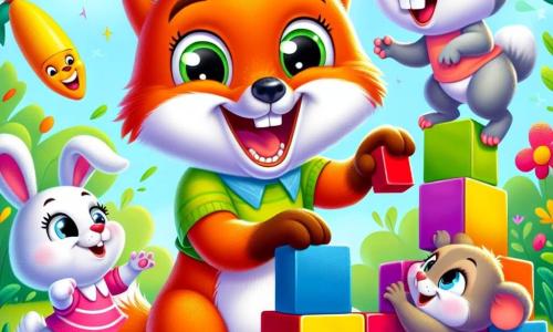 Ein kleiner Fuchs namens Fritz mit leuchtend orangefarbenem Fell und funkelnden Augen baut einen großen, lustigen Turm aus bunten Blöcken. Er lächelt breit und zeigt seine kleinen weißen Zähne. Neben ihm springt Hasi, ein niedlicher Hase mit großen Ohren und weißem Fell, fröhlich herum und hält einen blauen Block. Er hat einen schelmischen Blick und lacht herzhaft. Ben, ein brauner Bär mit rundem Bauch und freundlichem Lächeln, steht direkt dahinter und platziert konzentriert aber glücklich einen grünen Block oben auf den Turm. Schließlich steht Mia, eine kleine graue Maus in einem rosa Kleid, auf den Zehenspitzen, um Fritz einen roten Block zu reichen, ihre Augen strahlen vor Aufregung. Die Szene spielt in einer sonnigen Lichtung, umgeben von grünen Bäumen mit glänzenden Blättern und bunten Blumen, die im Wind tanzen. Der Boden ist mit weichem, flauschigem Gras bedeckt. Die Freunde lachen zusammen, während sie versuchen, einen wackeligen Turm zu bauen, was eine fröhliche und kameradschaftliche Atmosphäre schafft.