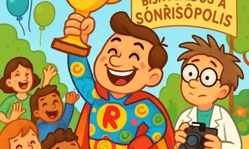 Un hombre sonriente, el superhéroe Hombre Risa, lleva una capa colorida y un traje brillante con motivos de risas. Tiene ojos chispeantes de alegría y una amplia sonrisa que ilumina su rostro. Se encuentra en el centro del escenario, levantando un gran trofeo dorado con orgullo. A su lado, el Dr. Selfie, un hombre de cabello desordenado y gafas redondas, observa con sorpresa y una sonrisa tímida. Lleva una bata blanca y sostiene una cámara, listo para inmortalizar el momento. La escena transcurre en la animada plaza de Sonrisópolis, llena de gente alegre. Globos coloridos flotan en el aire, y los niños ríen alrededor. Árboles verdes y flores brillantes decoran el paisaje, mientras que un gran cartel 