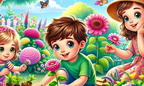 En un jardín en plena floración, cuatro amigos están reunidos. Luca, un niño de 8 años con cabello castaño y ojos brillantes, está agachado sosteniendo una pequeña semilla. A su lado, Ana, una niña de 7 años con cabello rubio y un vestido colorido, sonríe mostrando una flor rosa que acaba de recoger. Tomás, un niño de 6 años con cabello castaño y una camiseta verde, observa fascinado una oruga en una hoja. Finalmente, Sofía, una niña de 7 años con cabello rizado y un sombrero de paja, sostiene una pequeña pala y mira la casita que han construido para las hormigas. El jardín es un verdadero cuadro de primavera, lleno de flores de colores vivos: rosas, amarillas y violetas, con mariposas volando alrededor. El cielo es azul y soleado, y se pueden ver árboles verdes al fondo. Los niños están plantando semillas de flores y construyendo una pequeña casa para las hormigas, riendo y divirtiéndose juntos en este lugar mágico.