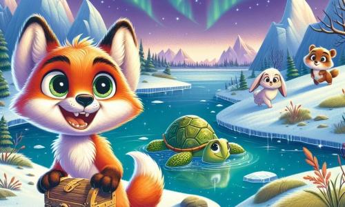 Un pequeño zorro llamado Lucho, con un pelaje naranja brillante y ojos llenos de curiosidad, está de pie sobre un lago helado, sosteniendo un mapa antiguo con sus patas delanteras. Muestra una amplia sonrisa, desbordante de emoción y aventura. A su lado, su mejor amiga, Tula la tortuga, con un caparazón verde y ojos dulces, observa el lago con asombro, sus patas traseras apoyadas en el hielo. Un poco más lejos, Beni el conejo, de pelaje blanco y grandes orejas, salta de alegría, sus ojos brillantes de entusiasmo, mientras que Hugo el búho, posado en una rama, observa la escena con sabiduría, sus plumas marrones y ojos grandes llenos de admiración. El paisaje es mágico: montañas nevadas se alzan al fondo, y auroras boreales bailan en el cielo, iluminando la escena con colores vivos. La situación principal muestra a Lucho y sus amigos descubriendo un antiguo cofre enterrado en la nieve, rodeados de una atmósfera mágica y un sentimiento de aventura, listos para desenterrar el tesoro escondido bajo el hielo.