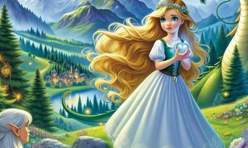 Die Prinzessin Elara, ein etwa 12-jähriges Mädchen, steht mutig auf einem grünen Hügel, ihre langen goldenen Haare wehen im Wind. Ihr Gesicht zeigt sanfte Entschlossenheit, während sie ein wunderschönes silbernes Amulett in der Hand hält, das im Mondlicht glänzt. An ihrer Seite schaut ein majestätischer Drache mit schimmernden grünen und goldenen Schuppen, der sowohl beschützend als auch freundlich wirkt, mit weisen Augen auf sie. Etwas weiter entfernt beobachtet eine etwa 15-jährige Elfe namens Arwen mit spitzen Ohren und silbernem Haar die Szene mit einem ermutigenden Lächeln und ist bereit, die Prinzessin auf ihrer Reise zu unterstützen. Die Szenerie ist ein verzaubertes Tal, das im silbernen Licht des Mondes badet, umgeben von majestätischen Bergen und üppigen Wäldern. Bunte Blumen und Glühwürmchen tanzen um sie herum und verleihen der Atmosphäre einen Hauch von Magie. Elara ist bereit, dem Drachen zu begegnen, mit einem Ausdruck von Mut und Mitgefühl auf ihrem Gesicht, während der wohlwollende Drache sich zu ihr neigt, bereit, ihr auf ihrer Suche nach Frieden für ihr Königreich zu helfen.