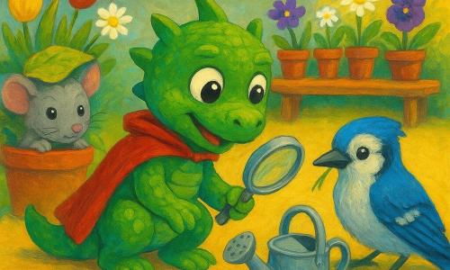 Fips, ein kleiner grüner Drache mit glänzenden Schuppen und großen runden Augen, ist fröhlich und neugierig, trägt eine zerknitterte rote Umhang und hockt mit einer silbernen Lupe neben einer Gießkanne aus Metall; Milla, eine graue Maus mit weichem Fell, wirkt verschmitzt und schüchtern, trägt ein Blatt als Hut und steht links hinter einem Blumentopf; Kiki, ein junger Eichelhäher mit kobaltblauen und cremefarbenen Federn, sitzt rechts neben der Gießkanne etwas verlegen, aber erleichtert, mit einem Grashalm im Schnabel; auf Omas Lillis Dachgarten sind rote Ziegel, Reihen von Terrakottatöpfen, bunte Blumen (gelbe Tulpen, weiße Gänseblümchen, violette Stiefmütterchen), eine kleine Holzbank und goldene Sonnenstrahlen zu sehen; Hauptsituation: eine Spur glänzender Wassertropfen führt aus der Szene in den Vordergrund, Fips hat die Gießkanne entdeckt, freundliche, verspielte Ermittlungsstimmung, leuchtende Farben, weiche Konturen und sichtbare Acrylstrukturen.