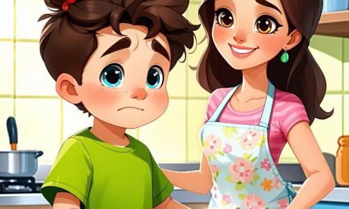 A 6-year-old boy with curly brown hair is wearing a bright green t-shirt. He has sparkling blue eyes and a worried face, with a slight pout on his lips. He stands in a bright kitchen with his hands on the counter, looking longingly at a plate of cookies. Next to him, his mom, a woman around 30 with long brown hair tied in a bun, is wearing a floral apron and smiling gently at her son. She is near the oven, with flour on her hands, adding warmth to the scene. The spacious kitchen has sunny yellow walls, a large window letting in daylight, and green plants on the sill. A sweet smell of chocolate fills the air. The main situation shows the boy hesitating, looking at the pile of cookies with a guilty expression, while his caring mom speaks to him softly, creating an atmosphere of tenderness and understanding.