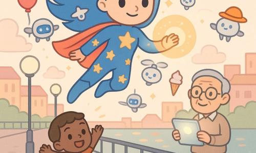 Una superheroína llamada Estrella Radiante, rostro sonriente y decidido, cabello largo azul al viento y traje azul con estrellas doradas, vuela sobre un muelle metálico iluminando con una luz circular cálida que guía pequeños drones blancos y plateados con ojos LED azules; a la derecha, Don Sabio, un anciano de unos 70 años, con pelo gris y gafas redondas, sonríe sosteniendo una tablet luminosa, y a la izquierda abajo un niño de unos 7 años de cabello castaño corto salta de alegría mientras un dron le devuelve su globo rojo; de fondo, río brillante con reflejos coloridos, farolas redondas, edificios en tonos pastel y nubes suaves, ambiente alegre, colores vivos y composición centrada en Estrella.