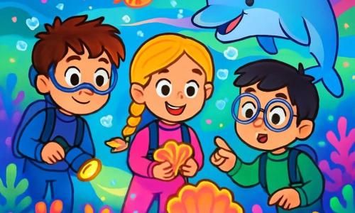Hay 3 personajes: - Lucas: un niño de 8 años, con el cabello castaño desordenado y ojos brillantes. Lleva un traje de buceo azul y sostiene una pequeña linterna submarina, mirando con curiosidad a su alrededor. - Sofía: una niña de 7 años, con cabello rubio largo trenzado y una sonrisa radiante. Lleva un traje de buceo rosa y sostiene una concha brillante, fascinada por los colores del agua. - Martín: un niño de 8 años, con cabello negro y gafas redondas. Lleva un traje de buceo verde y señala una perla brillante escondida en un arrecife de coral, con los ojos muy abiertos de asombro. Los tres amigos están juntos en el centro de una laguna mágica, rodeados de aguas luminosas que brillan en mil colores. Corales vibrantes y peces multicolores nadan a su alrededor, creando una atmósfera encantada. La escena principal muestra a los niños descubriendo la perla escondida en el arrecife, con burbujas de aire escapando a su alrededor, mientras un delfín alegre, llamado Estrella, los observa con una sonrisa amistosa.