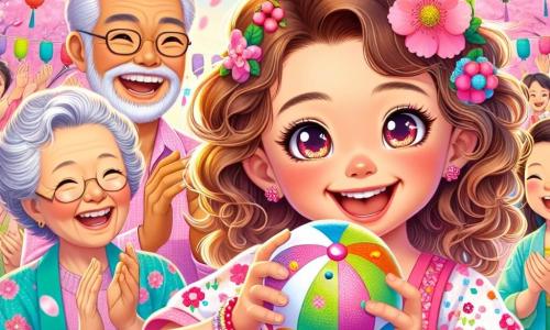 Una bambina di 4 anni, di nome Mia, con grandi occhi brillanti e capelli ricci, indossa un vestito rosa decorato con fiori. Sorride con meraviglia, tenendo una piccola palla colorata tra le mani, pronta a giocare. Accanto a lei, sua nonna, una donna di circa 65 anni con capelli grigi e un sorriso caloroso, la incoraggia con entusiasmo, mentre suo nonno, un uomo di 70 anni con barba bianca e occhiali, applaude gioiosamente. Si trovano in un bellissimo parco a Tokyo, dove i ciliegi in fiore creano un cielo rosa e bianco sopra di loro, e lanterne colorate fluttuano nell'aria. Gruppi di persone ballano e ridono intorno a loro, contribuendo all'atmosfera festosa. Mia si prepara a lanciare la palla verso un grande bersaglio colorato, circondata da risate e applausi, mentre si lancia in questa avventura gioiosa e colorata.