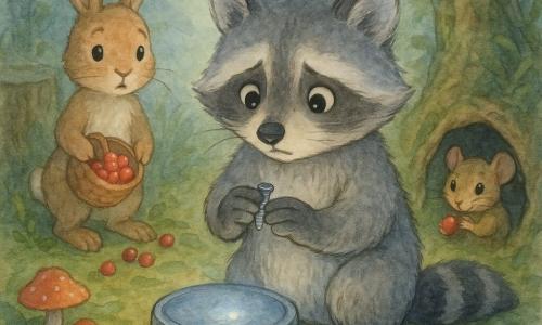 Ein kleiner anthropomorpher Waschbär namens Miro mit grau-weißem Fell, runden glänzenden Augen und besorgt-entschlossener Mimik kniet vor einer runden Metallkiste und setzt behutsam eine kleine silberne Schraube in eine blau leicht blinkende Öffnung; ein junger brauner Hase mit großen Ohren und sanft überrascht wirkendem Gesicht steht leicht hinten links und hält einen umgestürzten Korb mit roten Beeren; eine feldmaus mit beigem Fell schaut schüchtern aus einem Bauloch rechts und hält eine Beere als Gabe; Schauplatz ist eine moosige Waldlichtung mit Wurzeln, einem Stumpf und bunten Pilzen im sanften Mondlicht, feucht-magische Stimmung; Szene ruhig, gespannt und kindgerecht, in aquarellpastellfarben mit weichen Konturen und zentrierter, klarer Komposition.