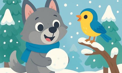 Um pequeno lobo com olhos brilhantes e pelagem cinza macia, vestindo um cachecol azul, se diverte fazendo uma bola de neve. Ele tem um sorriso alegre no rosto, suas pequenas orelhas pontudas se levantam com excitação. Ao lado dele, um pequeno pássaro com penas amarelas e azuis, empoleirado em um galho, canta alegremente, seus olhos brilhando de felicidade. A cena acontece em uma floresta encantada, onde as árvores estão cobertas de neve cintilante, e o chão é coberto por um espesso manto branco. O pequeno lobo, com sua bola de neve, parece pronto para brincar, enquanto o sol aparece timidamente entre as nuvens cinzas, trazendo uma suave luz de inverno.