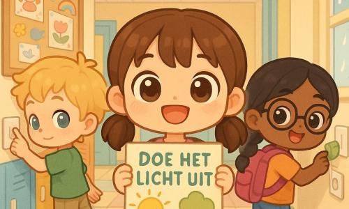 Drie kinderen van 10 jaar: Rosa (bruine staartjes, grote heldere ogen) staat in het midden en houdt een kleurrijke affiche Doe het licht uit met zon- en boomtekeningen; Elias (blond, warrig haar, groen T‑shirt) links staat op zijn tenen en drukt op een getekende muurschakelaar; Mila (zwart haar in vlecht, ronde bril) rechts plakt een sticker in de vorm van een blad bij een schakelaar. Ze staan in een eenvoudig licht schoolgang met pastelkleurige tegels, kleurrijke kluisjes, een kurkbord met kindertekeningen en stickers en een raam met regen; fluorescerende lampen hangen aan het plafond waarvan enkele uit zijn. De drie voeren een vriendelijke, coöperatieve energiebesparingscampagne op school uit met enthousiaste gezichten, levendige kleuren en een sfeer van hoop en gezamenlijke actie.