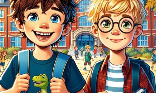 Un niño de 12 años, Samuel, está en el centro de la imagen, sonriendo con entusiasmo, con ojos brillantes y un ligero temblor de anticipación. Lleva una camiseta azul con un dibujo de dinosaurio y una mochila azul oscura. A su lado, su amigo Lucas, también de 12 años, con cabello rubio y gafas redondas, lo mira sonriendo, sosteniendo un cuaderno y un bolígrafo, listo para tomar notas en su primer día de escuela. Al fondo, se ve la escuela, un edificio de ladrillos rojos con grandes ventanas, rodeado de árboles con hojas doradas, signo de otoño. Niños juegan en el patio, creando una atmósfera alegre. Samuel y Lucas se preparan para entrar a la escuela, rodeados de otros niños, todos emocionados por comenzar un nuevo año escolar. Samuel, con su mochila, mira la entrada con determinación y emoción, listo para enfrentar los desafíos que se avecinan.