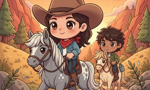 Mae is a smiling but focused cowgirl with a soft face, bright eyes, a wide brown hat, red bandana, denim jacket and leather boots, holding the reins of a gray spotted horse as she carefully crosses a rocky path. Toby is about 12, with tousled brown hair and a worried-then-proud expression, a rope dangling and a canteen in hand, following Mae on a small beige pony with a blue ribbon on its rope. Mae’s horse is calm with a flowing mane, slightly ahead; Toby’s pony is smaller with pricked ears just behind to the right. The setting is a glowing mountain pass at sunset with red and ochre rocks, dry blond grasses, a few pines and an orange sky streaked with pink clouds. They cautiously ford a shallow stream after rain: brown rippling water, slippery stones, droplets on leaves, slow careful movements, a brave reassuring mood. Visual style: warm saturated colors, clean outlines, chibi proportions, simple textures and childlike details.