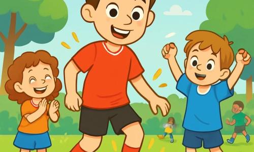 A man, Liam, is at the center of the image, smiling with sparkling eyes of excitement. He is wearing a bright red football jersey and black shorts, with shiny sports shoes. He is dribbling a football on a green field, surrounded by an aura of joy and energy. To his right, Jack, an 8-year-old boy, is wearing an oversized football jersey and blue shorts. He looks at Liam with admiration, arms raised in encouragement. To his left, Lucy, a 7-year-old girl with curly hair and a bright smile, is enthusiastically clapping, her eyes shining with excitement. The setting is a sunny park with lush green trees in the background and a clear blue sky. Children are playing football around them, creating a joyful and dynamic atmosphere. The main scene shows Liam teaching the children how to dribble the ball, with laughter and encouragement in the air, illustrating the spirit of teamwork and the joy of the game.