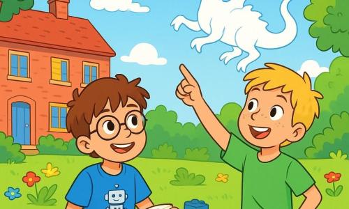 There are two main characters: Eli, a 10-year-old boy with messy brown hair and round glasses, wearing a blue t-shirt with a robot print and denim shorts, sitting on the grass with a smile, holding an open book on his lap; and Max, also 10, with blond hair and freckles on his nose, wearing a green t-shirt and shorts, standing next to Eli, pointing at a dragon-shaped cloud in the sky. The scene takes place in a sunny garden filled with colorful flowers and lush trees, with vibrant green grass and a clear blue sky dotted with fluffy white clouds. In the background, a large red brick house with a blue door and yellow curtain windows stands. The main situation shows Eli and Max playing together, laughing and marveling at the cloud shapes while taking a break from their screens, surrounded by scattered toys like miniature cars and building blocks, symbolizing their creativity and imagination.