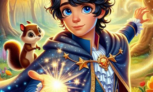 Prince Elion, a young boy of about 16, stands at the center of the scene. He has deep blue eyes, shiny black hair falling in curls around his face, and wears a beautiful starry cape that sparkles in the light. His expression is determined and full of courage as he reaches out to a glowing light, the heart of light, floating before him. Beside him, Nutmeg, a mischievous little squirrel, joyfully jumps on a branch. With his soft brown fur and sparkling eyes, he looks at Elion with admiration, ready to encourage him in his quest. In the background, the scene unfolds in an enchanted clearing surrounded by trees with golden leaves that shine like jewels. Colorful flowers, illuminated by a gentle light, dance softly in the breeze, creating a magical atmosphere. The main situation shows Elion reaching for the heart of light, a brilliant jewel radiating vibrant colors, symbolizing hope and magic, as he prepares to save his kingdom from darkness.