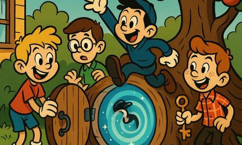 Four children: a blond boy about 11 with messy hair, red T‑shirt and jean shorts, smiling as he holds a small round wooden door open and leans toward a glowing tunnel (left foreground); a brown‑haired boy about 10 with short hair and round glasses, wearing a green polo, surprised and backing away slightly (center‑right just behind the door); a black‑haired boy about 11 with a backwards cap and blue hoodie, leaping toward the light with an outstretched arm, excited (center, jumping into the portal); and a redheaded boy about 10 with freckles and a plaid shirt, holding a shiny key and looking at his friends joyfully (right near a tree trunk). Setting: a small backyard corner with green lawn dotted with daisies and an old apple tree with exposed roots at whose base sits a child‑sized round wooden door with aged black iron fittings; a spiral tunnel of cyan and white light full of sparks emerges from the door, contrasting with warm wood and brown earth. Mood: the four friends discover and open a secret door at the tree’s base as a blue luminous spiral spills out, one boy rushes in while the others show wonder, surprise and pride; magical atmosphere, vivid colors, soft shadows, retro cartoon style with flowing lines and exaggerated expressions.