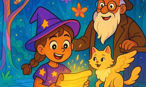 The scene shows apprentice witch Lily, radiant and wide-eyed with light-brown braided hair and a purple dress with golden stars, holding an old glowing parchment as she recites an ancient greeting; behind her stands Mr. Finch, a kindly 70-year-old wizard with a long white beard, round glasses and a worn brown coat, smiling proudly, while a fluffy cream-and-gold winged cat hovers nearby. They are in a hidden, colorful world of translucent trees with multicolored glass leaves, floating luminous flowers, shiny stone paths and golden fireflies; a warm, sparkling aura bursts from Lily and enlivens the friendly creatures, creating a joyful, magical atmosphere with vivid colors and soft contrasts.