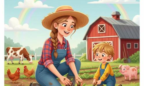 A smiling, kind female farmer with light-brown braided hair wearing a wide straw hat, a red-and-blue plaid shirt, denim overalls and muddy rubber boots kneels planting small carrot seedlings with fresh soil on her fingers; a 6–7-year-old blond boy with tousled hair and slightly dirty colorful clothes kneels to her right offering a toy shovel and helping fill a nearby hole while watching in wonder; a calm brown-and-white cow grazes at the left field edge, two red hens peck nearby and a curious pink pig sniffs at the right background; a bright vegetable field sits in front of a large red barn with a metal roof, rows of greens, tools leaning against the barn, a pale blue sky with a vivid rainbow and a few white clouds, wet brown soil and vivid green grass; scene after rain with warm sunlight, a caring bond between farmer and boy, saturated-but-soft colors and sharp textures, composition focused on the planting and expressive faces.