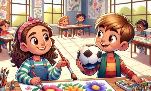 Em uma sala de aula iluminada, vemos **Ana**, uma menina de 8 anos com cabelos cacheados e um grande sorriso, sentada a uma mesa de madeira, segurando pincéis coloridos e pintando flores em uma grande folha de papel. Ao lado dela, **João**, um garoto de 9 anos com olhos curiosos e cabelos castanhos, está em pé, segurando uma bola de futebol em uma mão e um lápis na outra, pronto para desenhar um campo de jogo. A sala é decorada com desenhos coloridos pendurados nas paredes, com janelas que deixam entrar a luz do sol, e mesas de madeira onde outras crianças, meninos e meninas, trabalham juntas em projetos artísticos. A situação principal mostra Ana e João colaborando alegremente em um grande mural, simbolizando a igualdade de gêneros, com elementos de futebol e motivos florais se misturando harmoniosamente, representando a união e o respeito entre meninos e meninas.