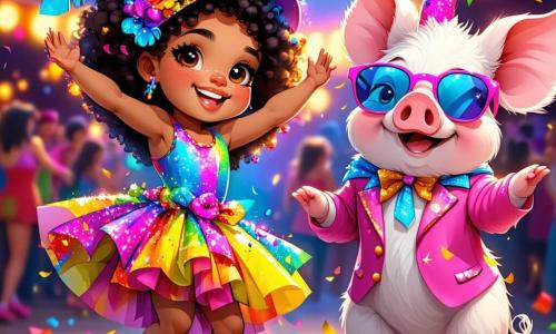 Uma menina de 6 anos, Lila, com grandes olhos brilhantes e cabelos cacheados, veste uma linda fantasia de carnaval colorida, cheia de brilhos e penas. Ela sorri entusiasmada, com os braços levantados, dançando ao som da música alegre. Ao lado dela, um porquinho travesso em fantasia de carnaval, com um nariz rosa e óculos de sol, faz piruetas, adicionando um toque humorístico à cena. Mais adiante, uma fada cintilante, com asas em arco-íris, voa ao redor deles lançando brilhos, criando uma atmosfera mágica. O local é uma rua movimentada, decorada com guirlandas coloridas, balões flutuantes e confetes que caem do céu. As pessoas dançam alegremente, e carros alegóricos decorados passam, cheios de personagens fantásticos. A cena principal mostra Lila, cheia de alegria, dançando com seus novos amigos, o porquinho e a fada, no coração de uma festa de carnaval vibrante, onde a música e as risadas ecoam ao redor.