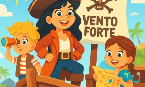 A Capitã Clara, uma corajosa mulher pirata de cerca de 30 anos, se destaca orgulhosamente no convés de seu navio, o 
