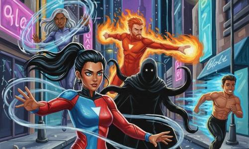 Una heroína de ~25 años con rostro decidido, ojos azul profundo, larga coleta negra y traje futurista que cambia de azul a rojo canaliza cintas de energía cósmica plateada entre las manos en primer plano; Blaze (~30) con cabello rojo y barba corta rodeado de llamas orange lanza una bola de fuego hacia la derecha justo detrás; Luna (~28) de cabello plateado flota a la izquierda formando anillos gravitacionales translucidos; Bolt (~18) de aspecto atlético corre a gran velocidad dejando estelas luminosas azules al fondo a la derecha; el villano El Sombra, envuelto en un manto negro que absorbe la luz con ojos como pequeñas estrellas blancas y tentáculos de sombra, está en el centro parcialmente atrapado por los anillos de Luna; escenario: calle nocturna del sector norte con rascacielos neón violeta y cian, farolas parpadeantes, escaparates agrietados y escombros leves; escena colectiva de combate, dinámica y colorida, luz cósmica y fuego rompen la oscuridad mientras los anillos retienen la silueta negra, atmósfera heroica y optimista, texturas acrílicas visibles.